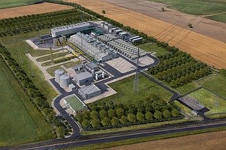 Vizualizácia 140 MW elektrolyzačnej jednotky na výrobu zeleného vodíka spoločnosti OMV v Brucku an der Leitha