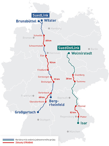 Mapa Nemecka s koridormi pre trasy SuedLink a SuedOstLink a objednávky STRABAG