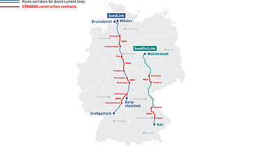 Map of Germany with route corridors for SuedLink and SuedOstLink and STRABAG orders