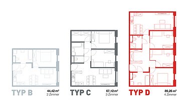 Grundrissvarianten des TETRIQX Wohngebäudes mit unterschiedlichen Wohnungstypen