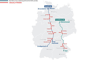 Mapa Nemecka s koridormi pre trasy SuedLink a SuedOstLink a objednávky STRABAG