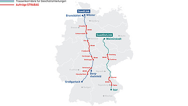 Karte Deutschlands mit Trassenkorridoren für SuedLink und SuedOstLink sowie STRABAG-Aufträgen