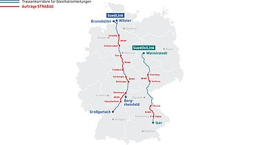 Karte Deutschlands mit Trassenkorridoren für SuedLink und SuedOstLink sowie STRABAG-Aufträgen