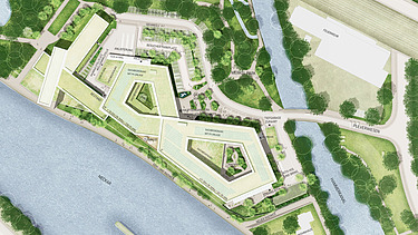 The site plan shows two polygonal buildings in the shape of a figure of eight. Construction here is based on a deconstruction concept.