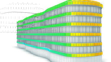 Grafik eines Gebäudes, auf der von GD Energy errechneten Energieträgern abgebildet werden