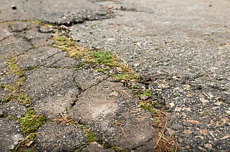 Popraskaná a poškozená asfaltová silnice před renovací