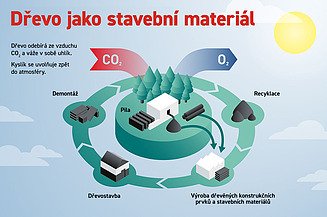 Grafika vysvětlující proces využití dřeva jako stavebního materiálu