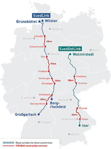 Map of Germany with route corridors for SuedLink and SuedOstLink and STRABAG orders