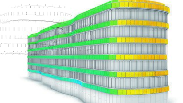 Grafik eines Gebäudes, auf der von GD Energy errechneten Energieträgern abgebildet werden