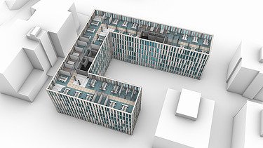 A stuttgarti innovációs központ illusztrációja, ahol generatív eljárásokat alkalmaztak