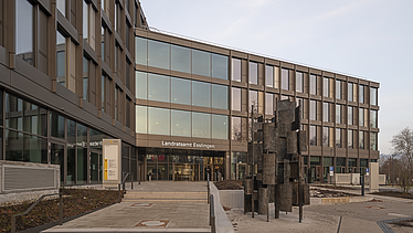 Photo of the main entrance to the new district administration office