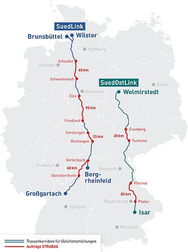 Karte Deutschlands mit Trassenkorridoren für SuedLink und SuedOstLink sowie STRABAG-Aufträgen
